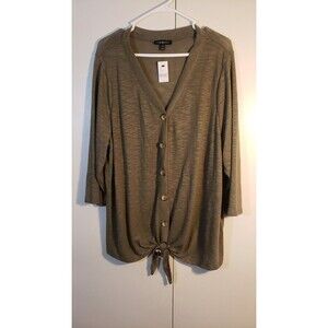 Lane Bryant Button Front Tie Hem Top 18/20 🆕Olive Green 3/4 Sleeve Lightweight